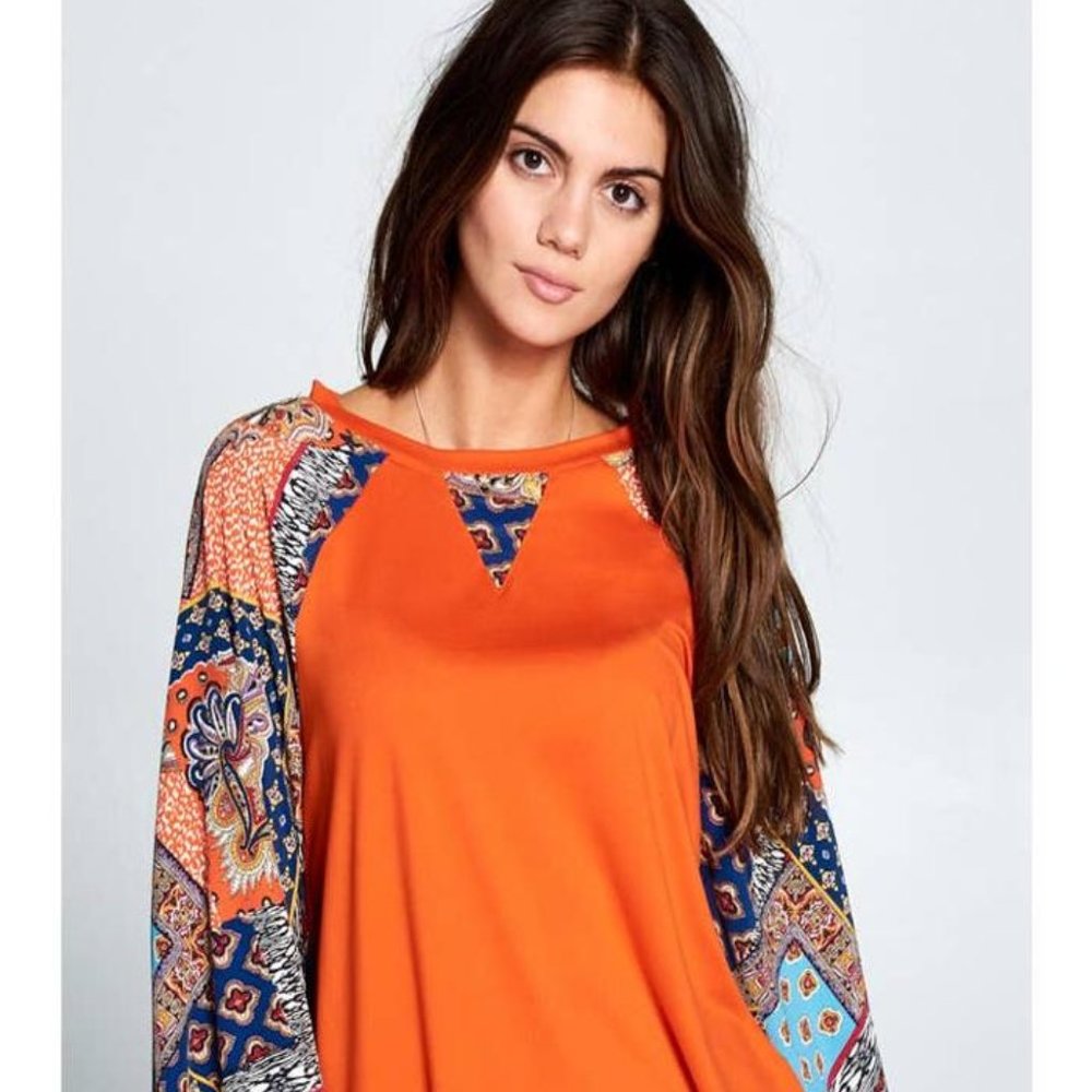 Patchwork Balloon Sleeve Raglan Top "Orange"